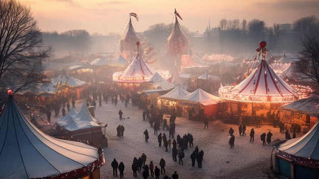 Menschen, die mit Zelten und Lichtern auf einem Karneval herumlaufen, generative KI