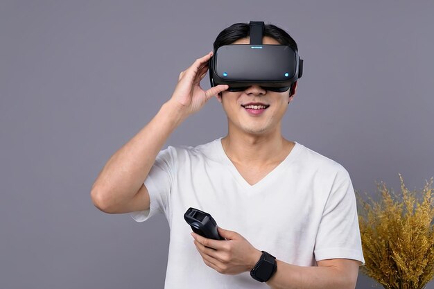 Menschen, die VR-Headsets tragen, um mit der Hand zu entwerfen, von einem leeren Raum bis hin zu gebauten Möbeln.