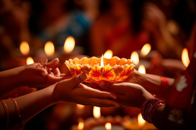 Menschen, die während Diwali an einer gemeinsamen Diya-Beleuchtungszeremonie teilnehmen