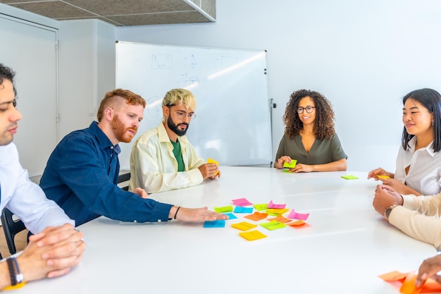 Menschen, die während eines Brainstormings in einem Meeting Klebemitteilungen verwenden