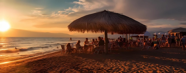 Menschen entspannen sich am Strand bei Sonnenuntergang am Meer in Griechenland