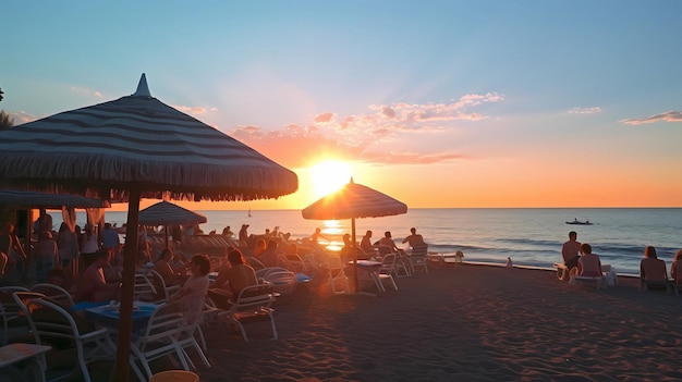 Menschen entspannen sich am Strand bei Sonnenuntergang am Meer in Griechenland