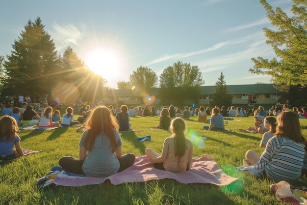 Foto menschen entspannen sich auf decken inmitten des grases unter freiem himmel