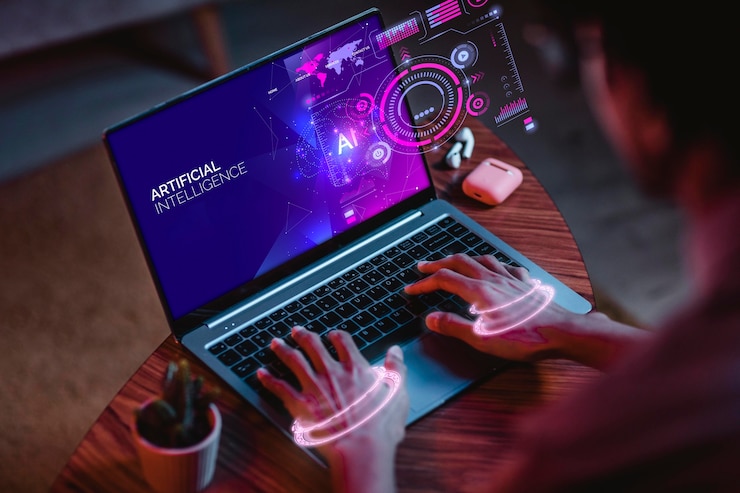 Foto menschen erzeugen bilder mithilfe künstlicher intelligenz auf einem laptop