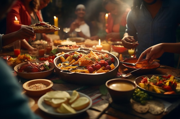 Menschen essen an einem Tisch mit einer Kerze im Hintergrund