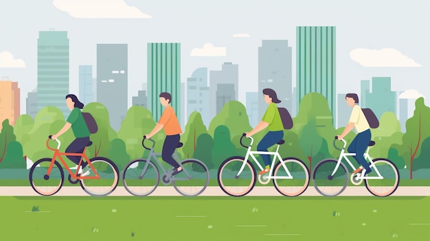Menschen fahren Fahrräder in einem Park mit einer Stadt-Skyline im Hintergrund generative ai