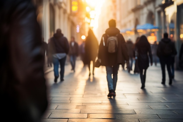 Menschen gehen bei Sonnenuntergang eine Stadtstraße entlang mit einem Rucksack