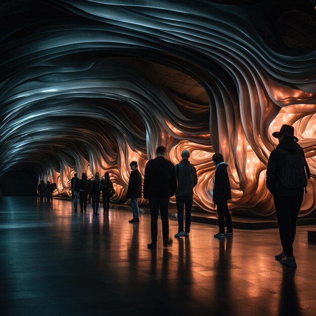 Menschen gehen durch einen modernen Kunst-Tunnel