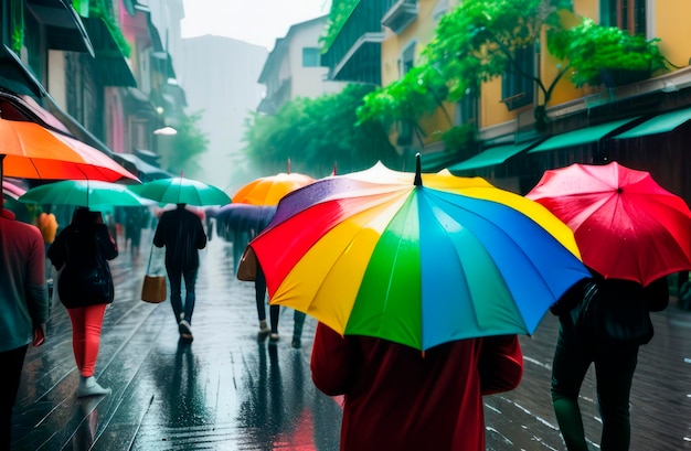 Menschen gehen im Regen mit bunten Regenschirmen auf einer Stadtstraße rückwärts