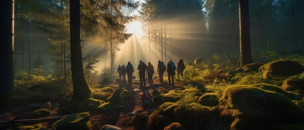 Foto menschen gehen in der ferne in dunklen wäldern bei sonnenaufgang banner mit einer gruppe von wanderern im kiefernwald landschaft mit männern sonnenlicht und bäumen konzept der wanderreise natur abenteuer und reisen generative ki