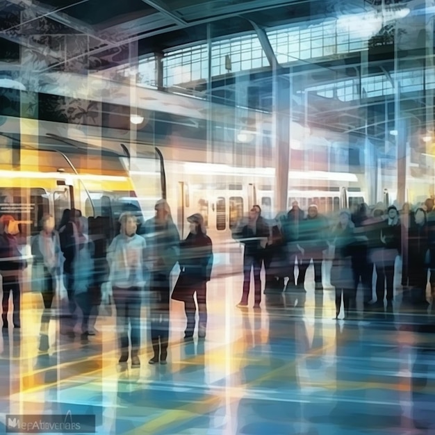 Menschen gehen in einem Bahnhof mit einem verschwommenen Bild einer generativen KI des Zuges