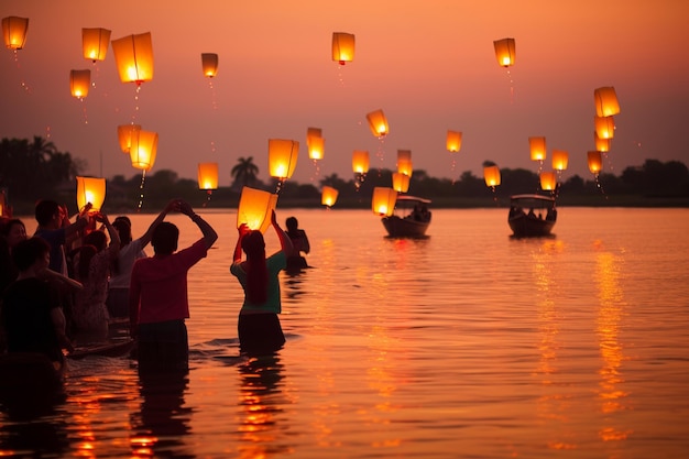 Menschen halten bei Sonnenuntergang Laternen im Wasser