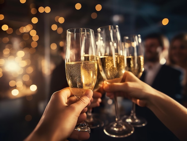 Foto menschen halten gläser mit champagner und machen einen toast mit verschwommenem hintergrund