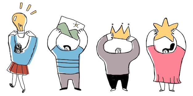 Menschen halten ihre Kreativität png süße Doodle-Ikonen-Set