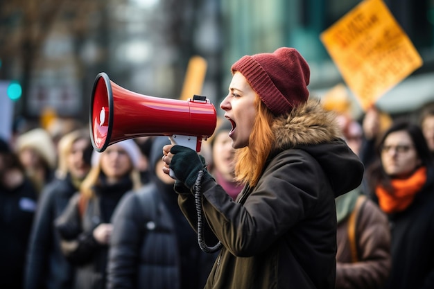 Menschen im Streik protestieren mit Megafonen