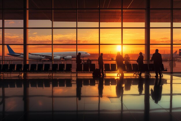 Menschen im Wartebereich eines Flughafens bei Sonnenuntergang