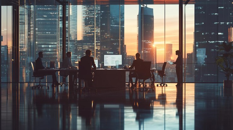 Menschen in einem Besprechungsraum mit Blick auf die Skyline der Stadt