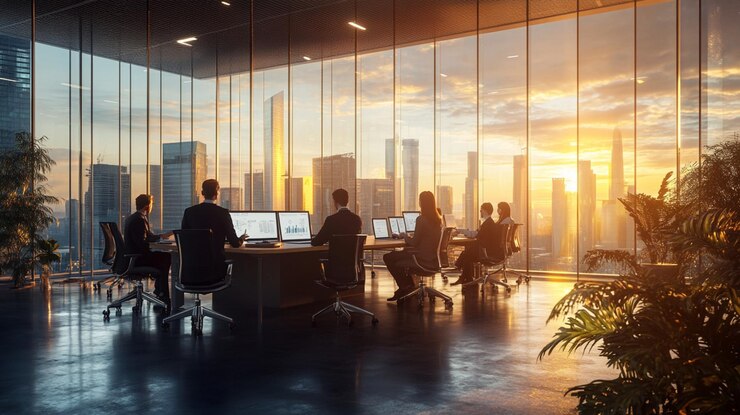 Menschen in einem Büro, hinter denen die Sonne untergeht
