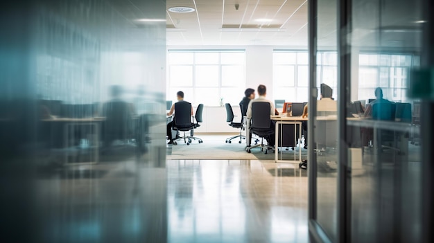 Menschen in einem Büro mit einem großen Fenster, auf dem „offen“ steht