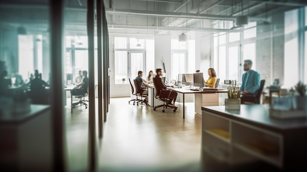 Menschen in einem Büro mit einer Glaswand und einer Tür mit der Aufschrift „Es ist Zeit zu arbeiten“.