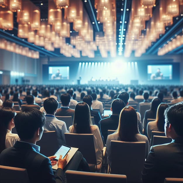 Menschen in einem Konferenzraum, die einen verschwommenen Redner anschauen