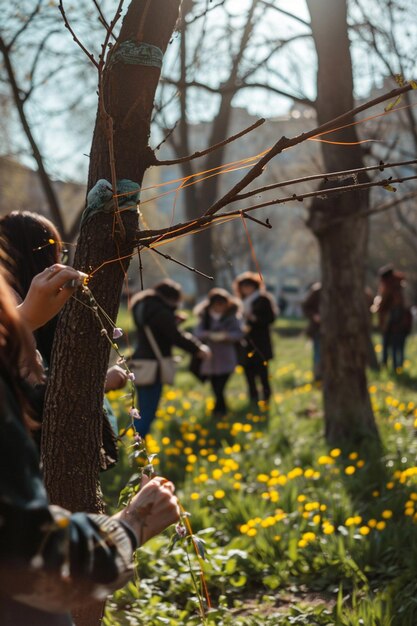 Menschen in einem Park, die Martisor-Saiten an Bäumen binden