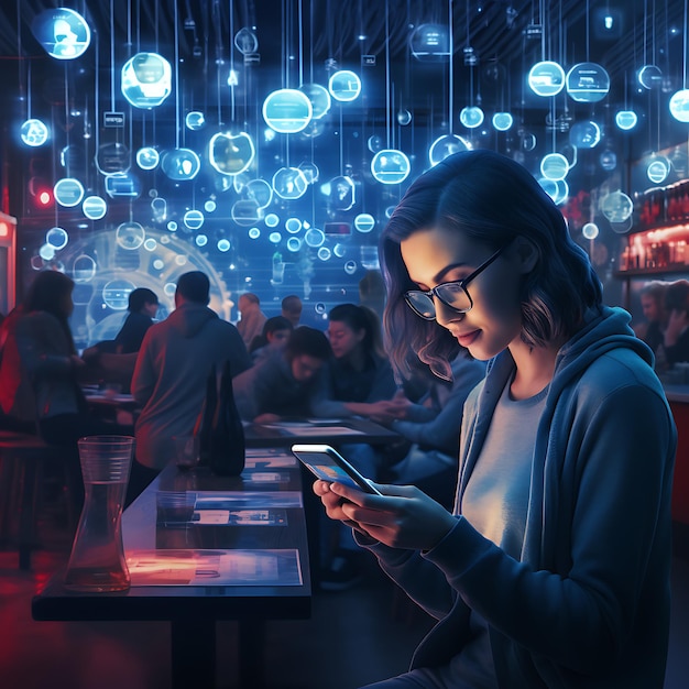 Menschen in einer futuristischen Bar schauen ihr auf ihrem Smartphone zu und checken ihre Social-Media-Konten