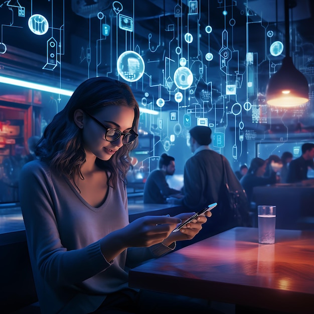 Menschen in einer futuristischen Bar schauen ihr auf ihrem Smartphone zu und checken ihre Social-Media-Konten