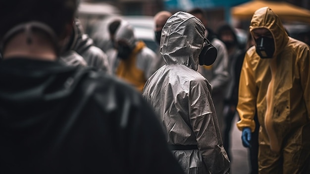 Menschen in Schutzkleidung stehen in einer Menschenmenge, einer von ihnen trägt eine Gasmaske.