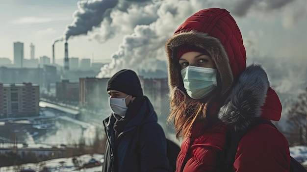 Menschen in Schutzmasken Luftverschmutzung Stadt Smog aus Fabrikkonzept Hintergrundkonzept