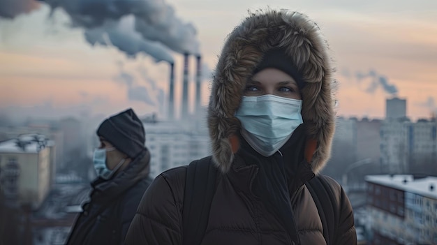 Menschen in Schutzmasken Luftverschmutzung Stadt Smog aus Fabrikkonzept Hintergrundkonzept