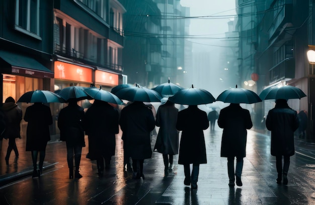 Menschen in schwarzen Kleidern gehen mit schwarzen Regenschirmen auf einer dunklen Stadtstraße im Regen