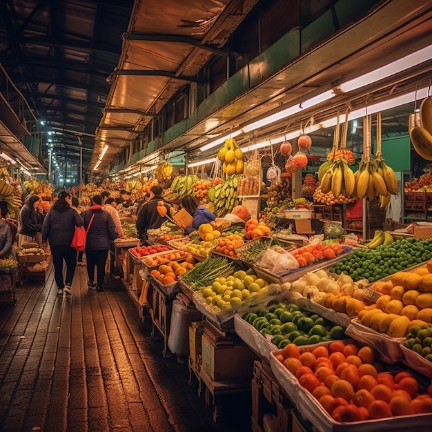 Menschen kaufen auf einem Obstmarkt ein, auf dem ein Schild mit der Aufschrift „quot“ steht