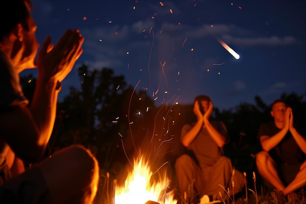 Menschen klatschen vor Feuer, während ein Meteorit über ihnen schwebt