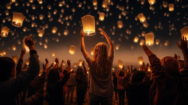 Menschen lassen schwebende Laternen und Papierlichter in den Nachthimmel fallen. Laternenfest, fröhliches Diwali