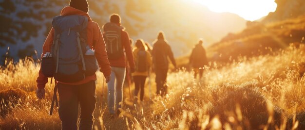 Menschen laufen mit Rucksäcken auf einer Wanderung im Wald, die von einem goldenen Licht beleuchtet wird.