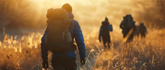 Menschen laufen mit Rucksäcken auf einer Wanderung im Wald, die von einem goldenen Licht beleuchtet wird.