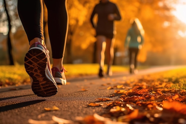 Menschen laufen zwischen Herbstblättern