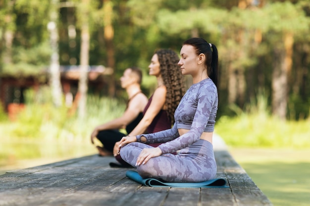 Menschen meditieren, sitzen auf einer Matte im Lotussitz auf einer Holzbrücke im Park