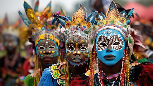 Menschen mit Masken und Masken stehen in einer Parade.