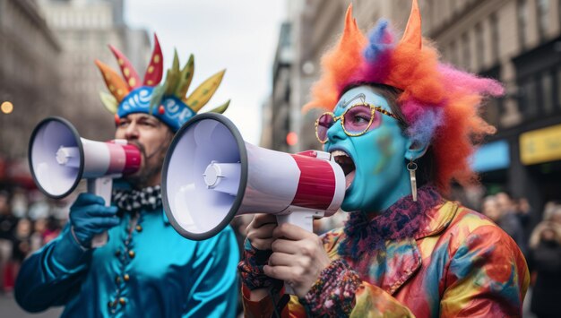 Menschen mit Plakaten und Verstärker im globalen Streik gegen den Klimawandel