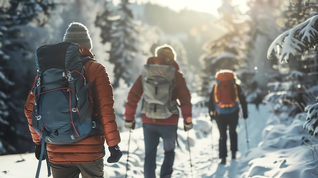 Foto menschen mit schneeschuhen in den bergen eine gruppe von menschen schneeschuhen durch eine schöne winterlandschaft