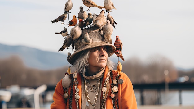 Menschen mit Vogelköpfen und Vögel mit Menschenköpfen in einer surrealistischen Szene