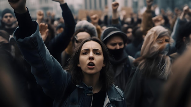 Menschen protestieren tagsüber auf den Straßen der Stadt, hyperrealistischer Stil. Neuronales Netzwerk, generiert im Mai 2023. Basiert nicht auf einer tatsächlichen Personenszene oder einem Muster