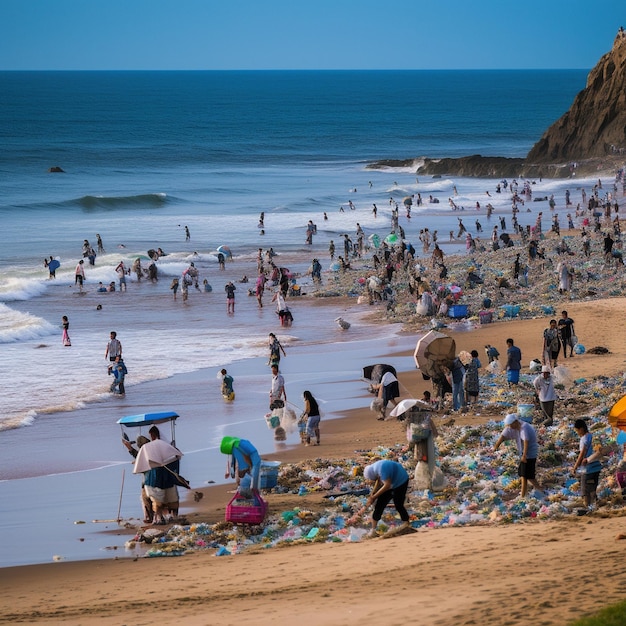 Menschen reinigen den Strand an sonnigen Tagen