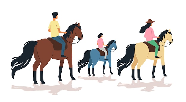 Menschen reiten zu Pferden, Outdoor-Aktivitäten, verschiedene Pferdefarben, Familienfreizeit, Reflexion, weißer Hintergrund