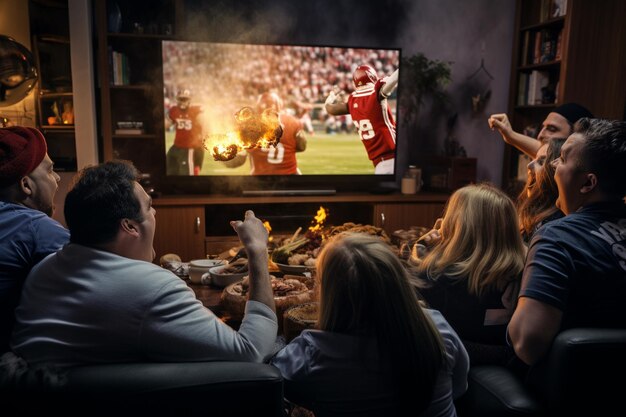 Foto menschen sehen fußballspiele im fernsehen als teil ihrer thanksgiving-tradition