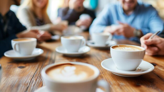 Foto menschen sitzen an einem tisch mit kaffeebechern und einem mann mit einem blauen hemd im hintergrund