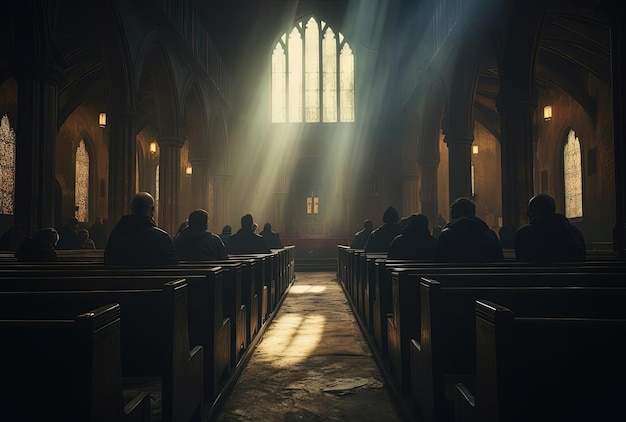 Menschen sitzen in Bänken in einer Kirche im Stil von räumlichen Beziehungen