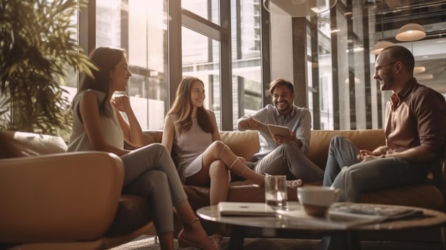 Menschen sitzen in einem Café und reden und lachen